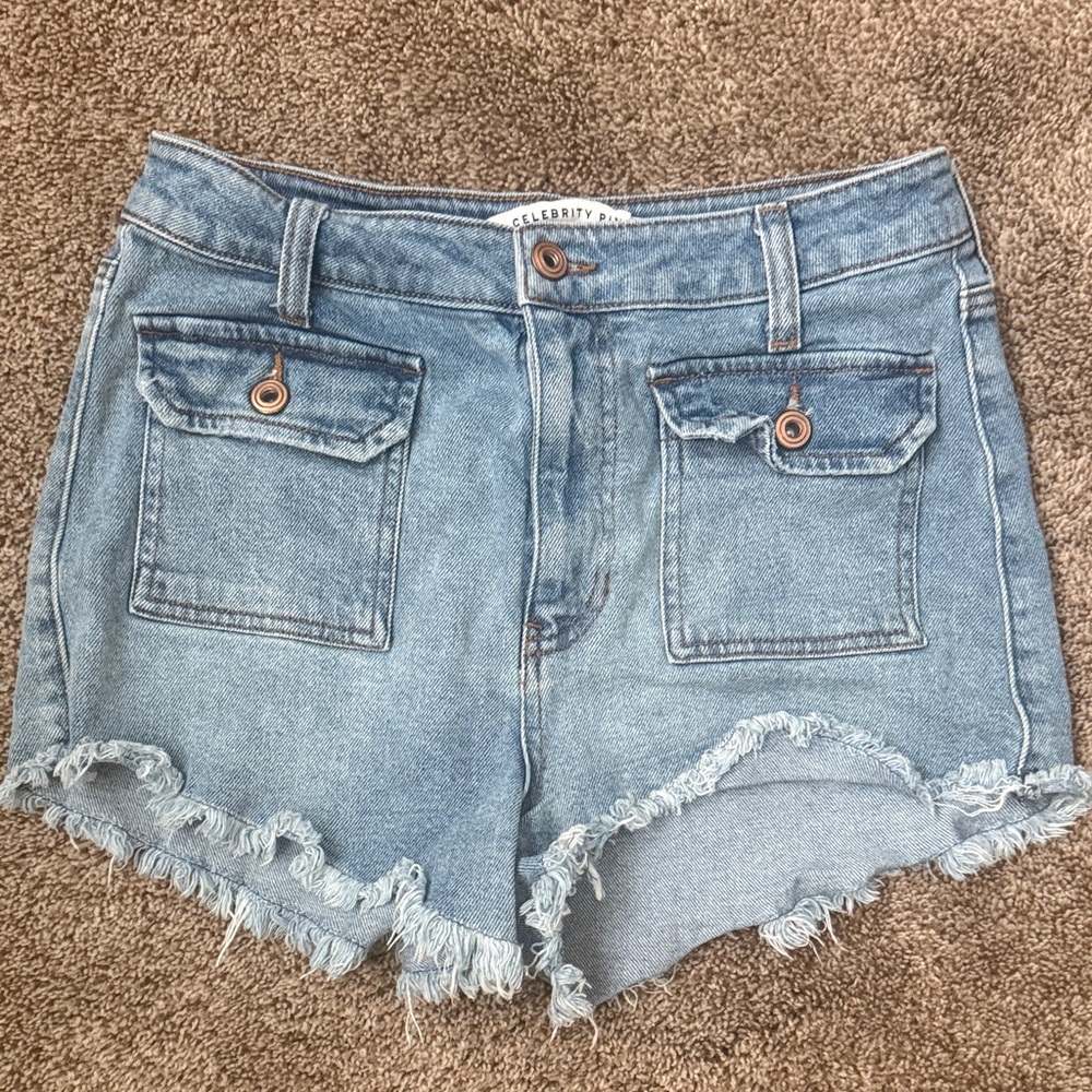 Celebrity Pink Frayed Hem Jean Shorts - Light Blue